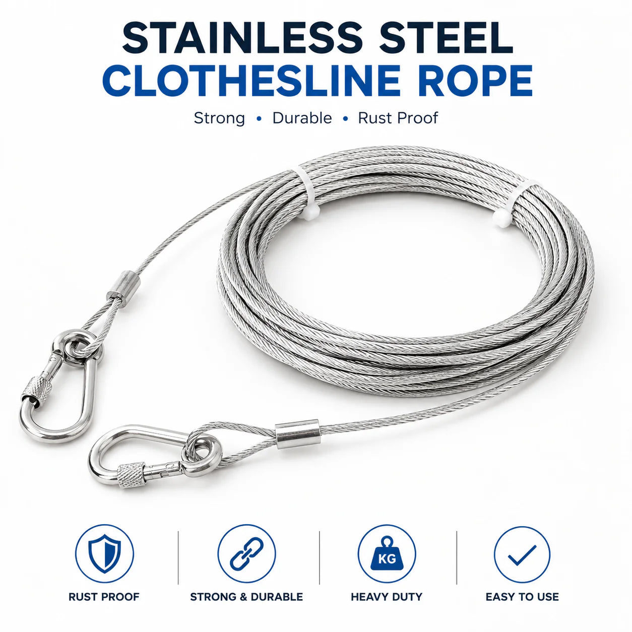 Stainless Steel Wire Rope Clothesline 10 Meter With Hooks