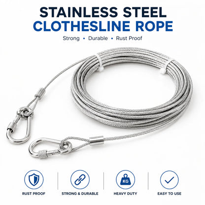 Stainless Steel Wire Rope Clothesline 10 Meter With Hooks